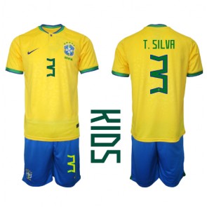 Brasilien Thiago Silva #3 kläder Barn VM 2022 Hemmatröja Kortärmad (+ korta byxor)